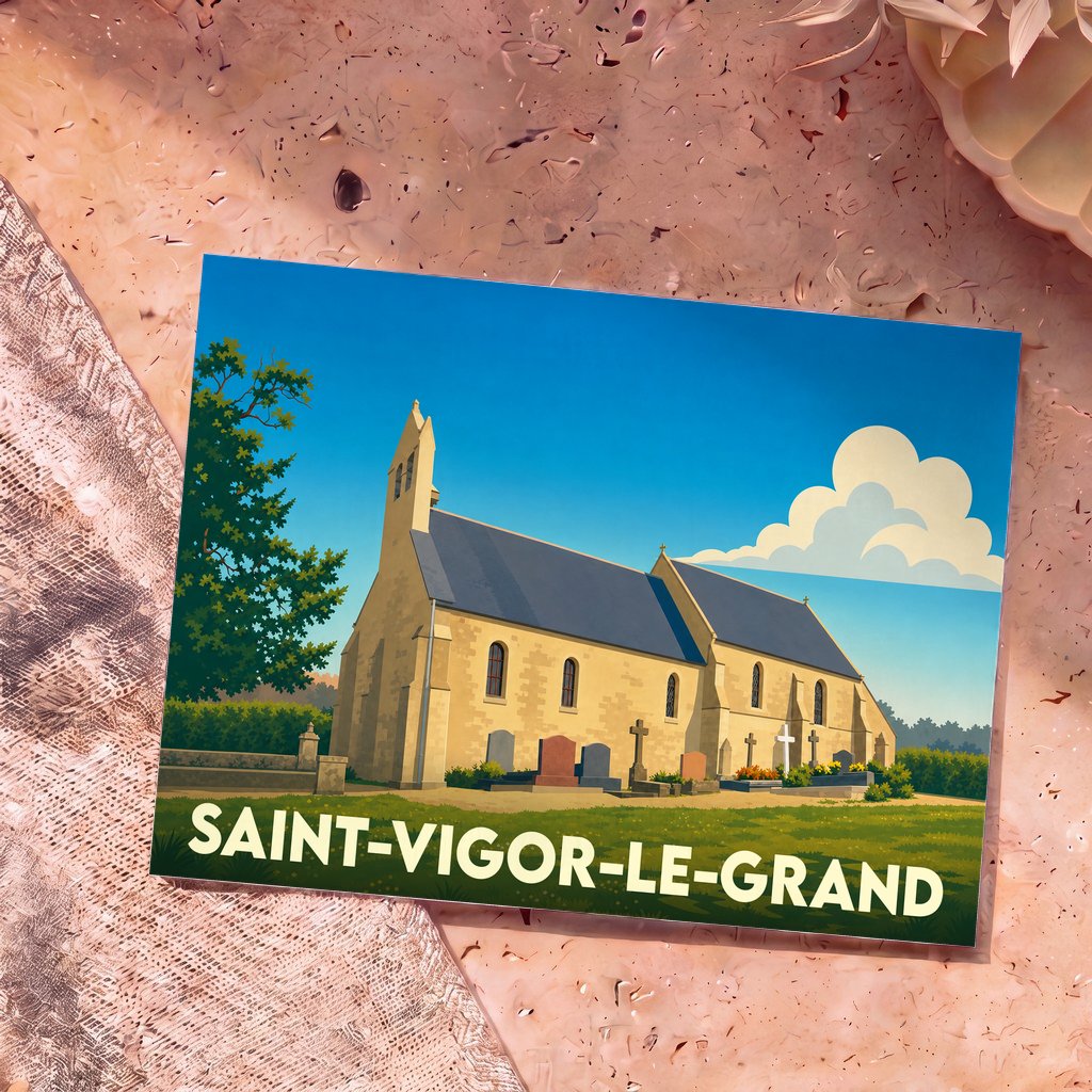 Carte postale souvenir de la ville de Saint-Vigor-le-Grand illustrant son église et son cimetière dans un style graphique épuré.