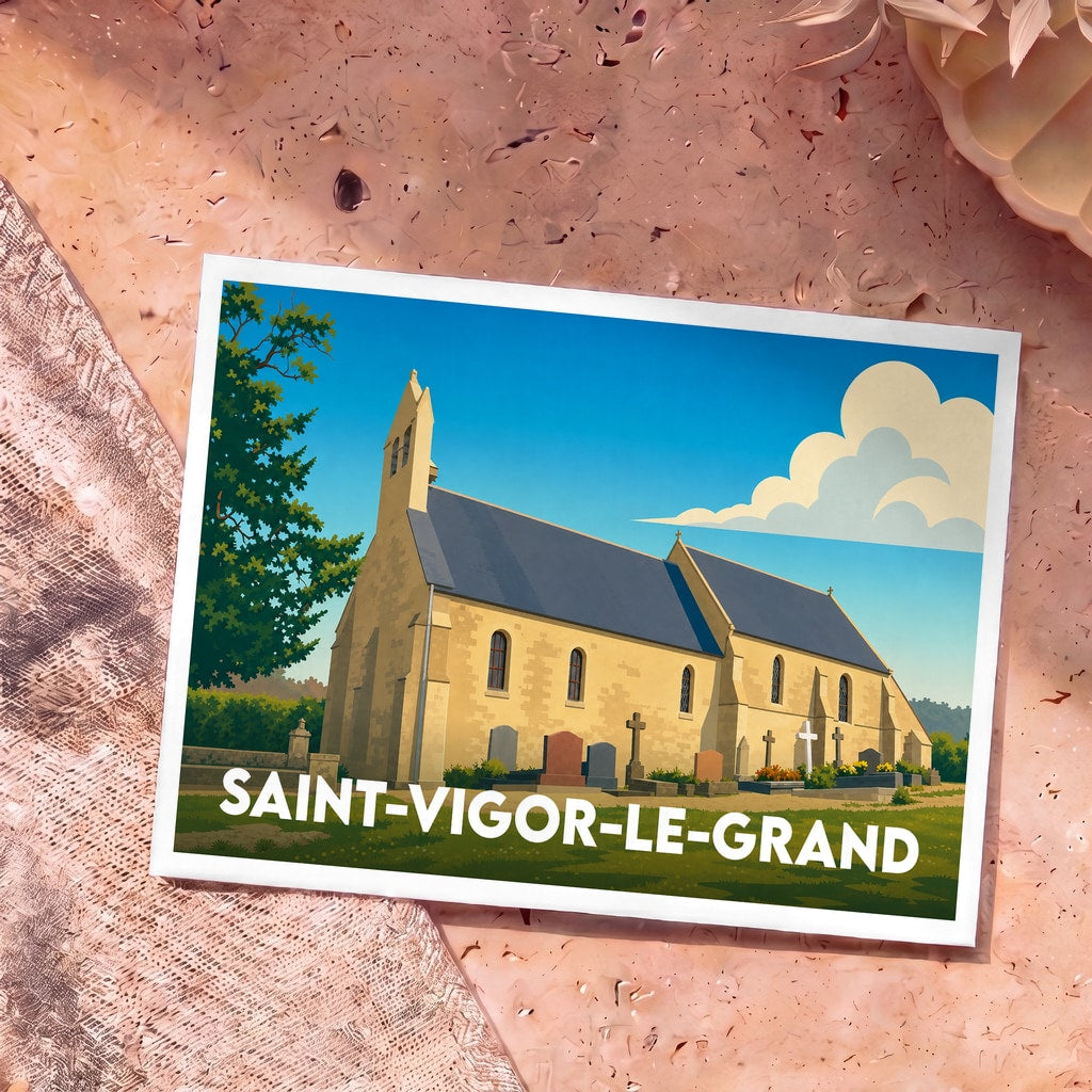 Carte postale souvenir de la ville de Saint-Vigor-le-Grand illustrant son église et son cimetière dans un style graphique épuré.