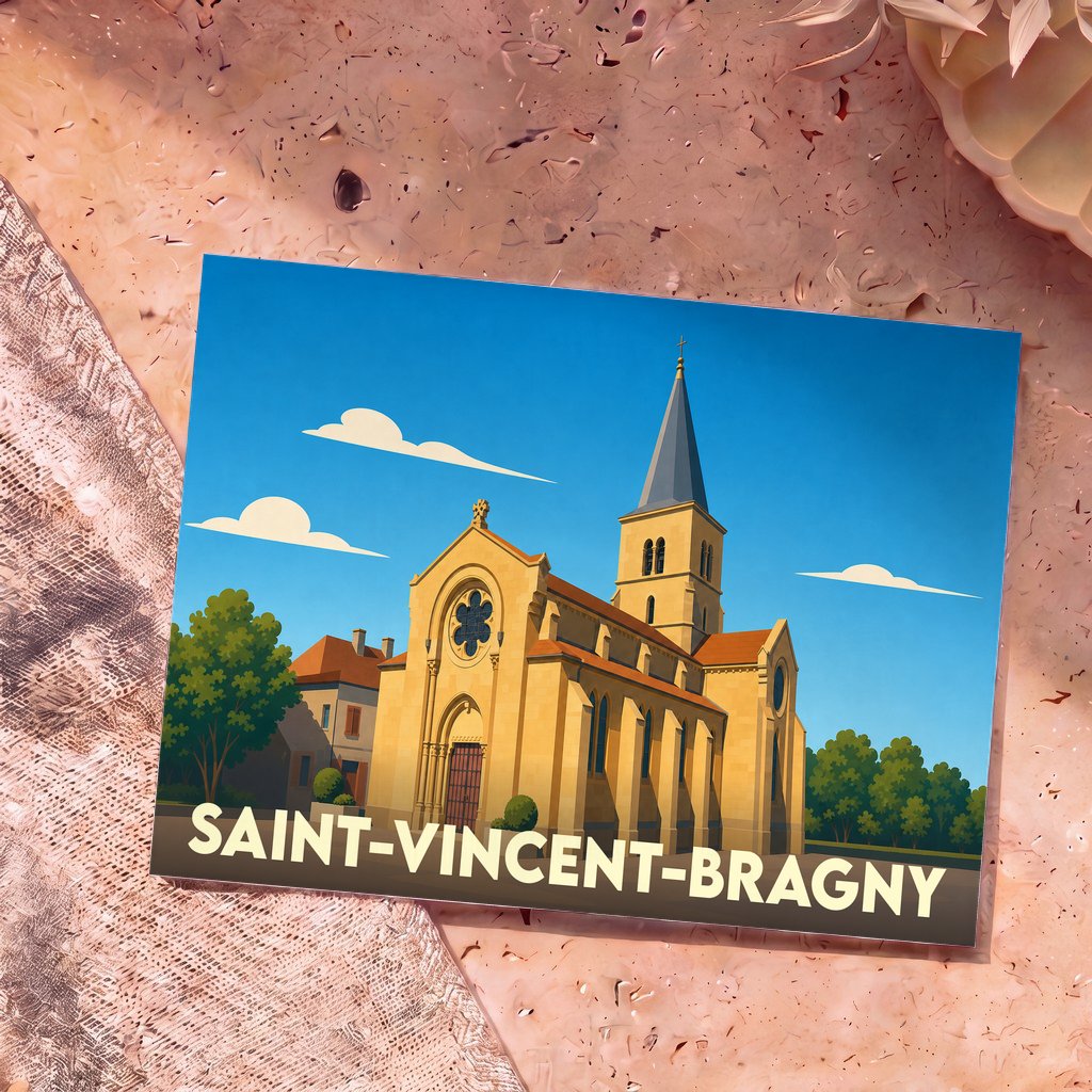 Carte postale souvenir de la ville de Saint-Vincent-Bragny avec une illustration stylisée de son église sous un ciel bleu.