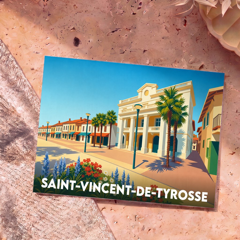 Carte postale souvenir de la ville de Saint-Vincent-de-Tyrosse avec une illustration stylisée et colorée du centre-ville.