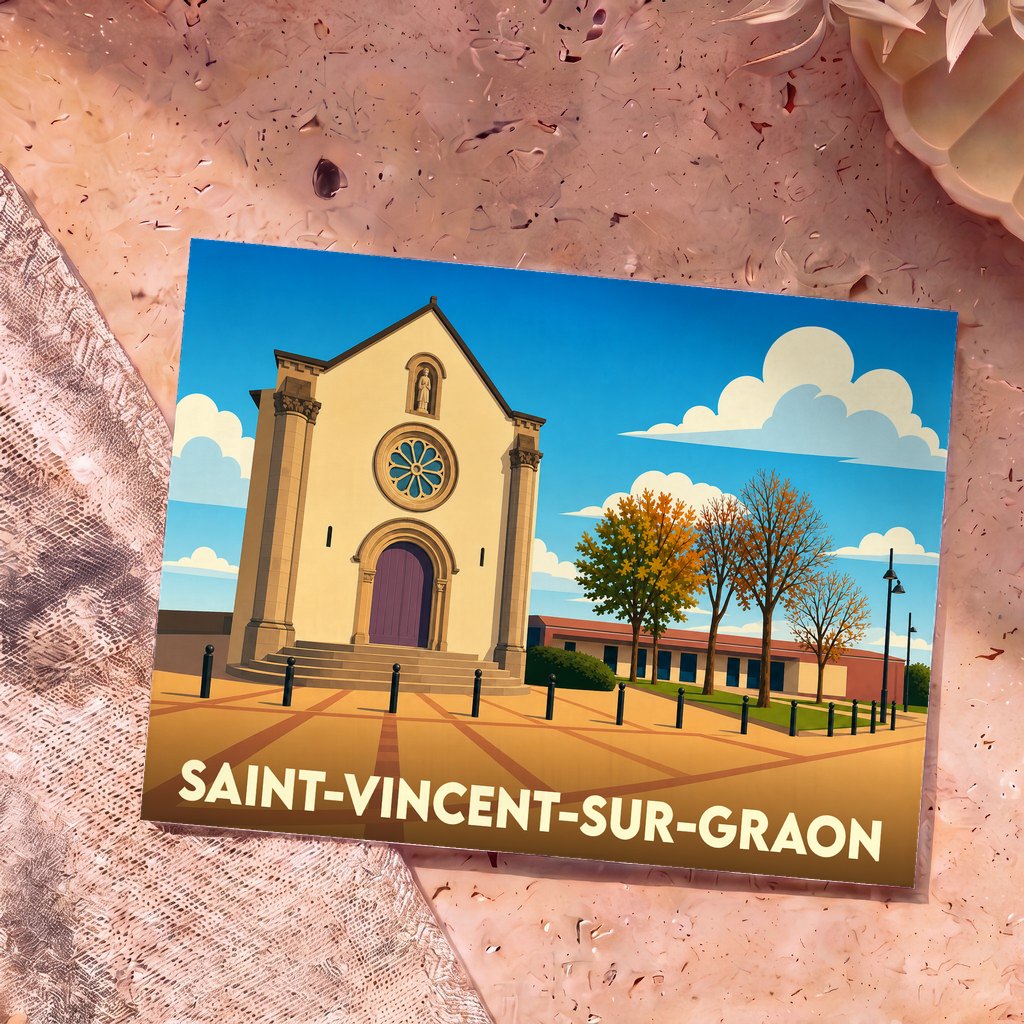 Carte postale souvenir de la ville de Saint-Vincent-sur-Graon avec une illustration stylisée de son église sous un ciel bleu.