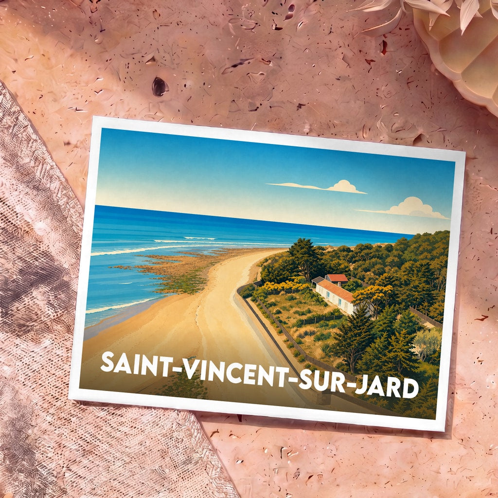 Carte postale souvenir de Saint-Vincent-sur-Jard représentant une maison de bord de mer dans un style illustré.
