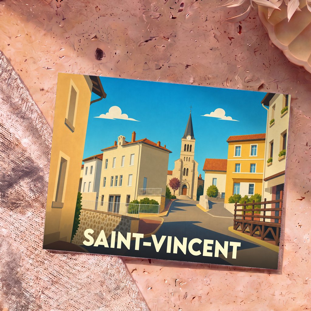 Carte postale souvenir de la ville de Saint-Vincent avec une illustration stylisée d'un village pittoresque.