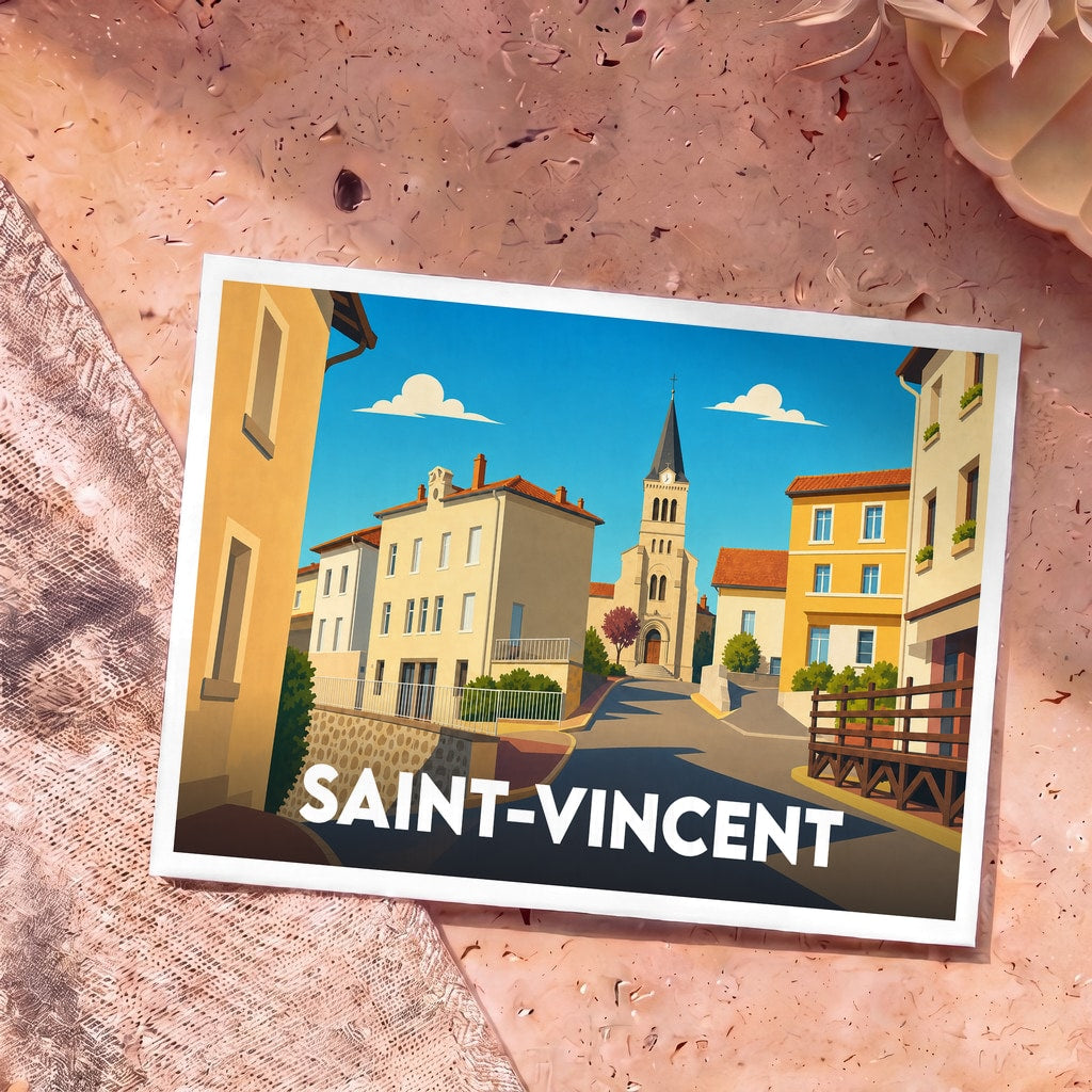 Carte postale souvenir de la ville de Saint-Vincent avec une illustration stylisée d'un village pittoresque.
