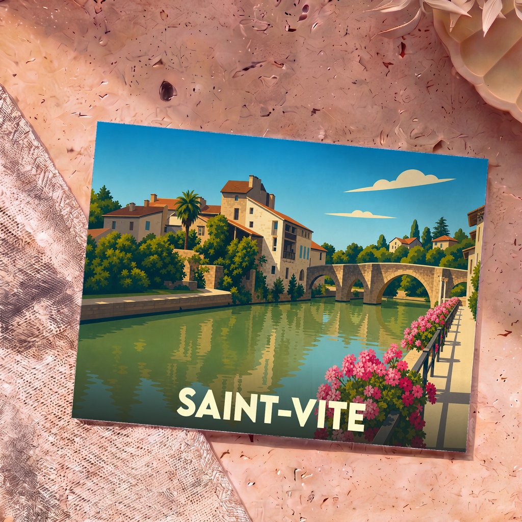 Carte postale souvenir de la ville de Saint-Vite avec une illustration stylisée.