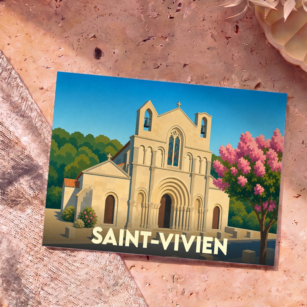 Carte postale souvenir de la ville de Saint-Vivien illustrant son église dans un style graphique et coloré.