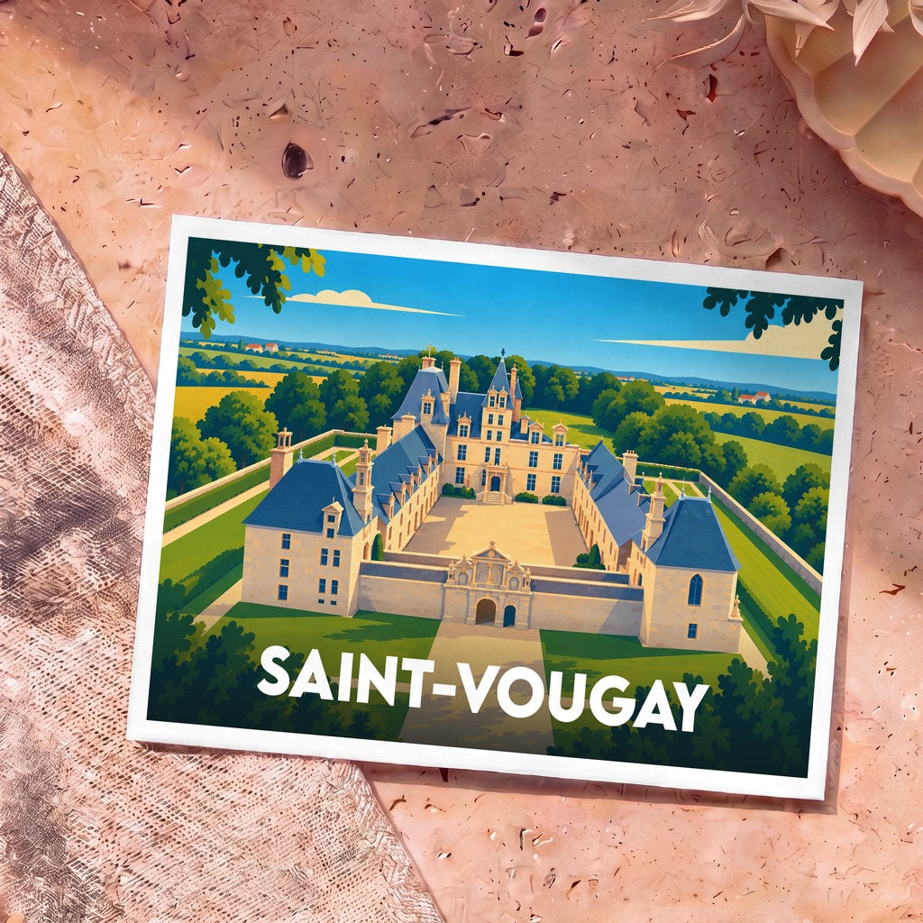 Carte postale souvenir de la ville de Saint-Vougay représentant le château de Kerjean dans un style illustré.