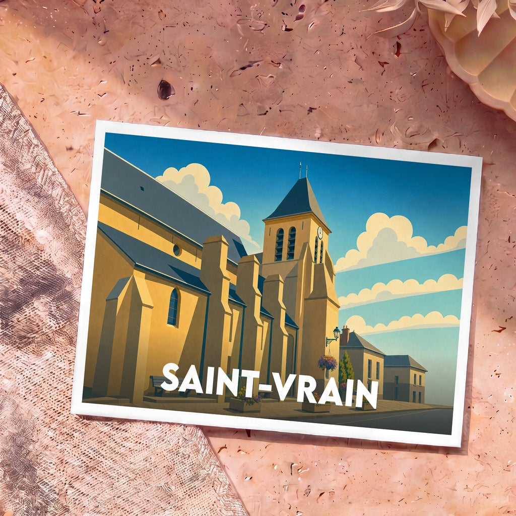 Carte postale souvenir de la ville de Saint-Vrain avec une illustration stylisée de son église sous un ciel bleu.