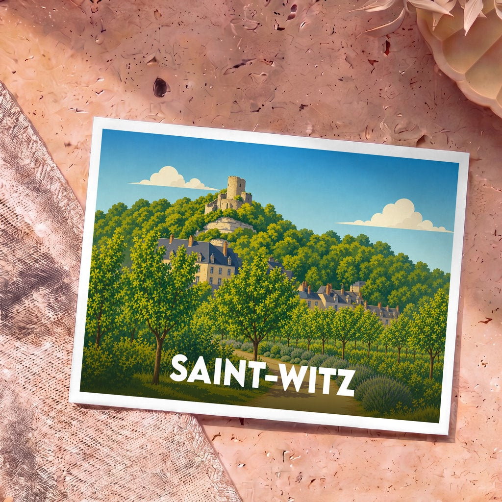 Carte postale souvenir de la ville de Saint-Witz avec une illustration stylisée d'un château sur une colline boisée.