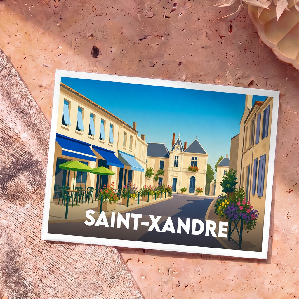 Carte postale souvenir de la ville de Saint-Xandre avec une illustration stylisée d'une rue fleurie.