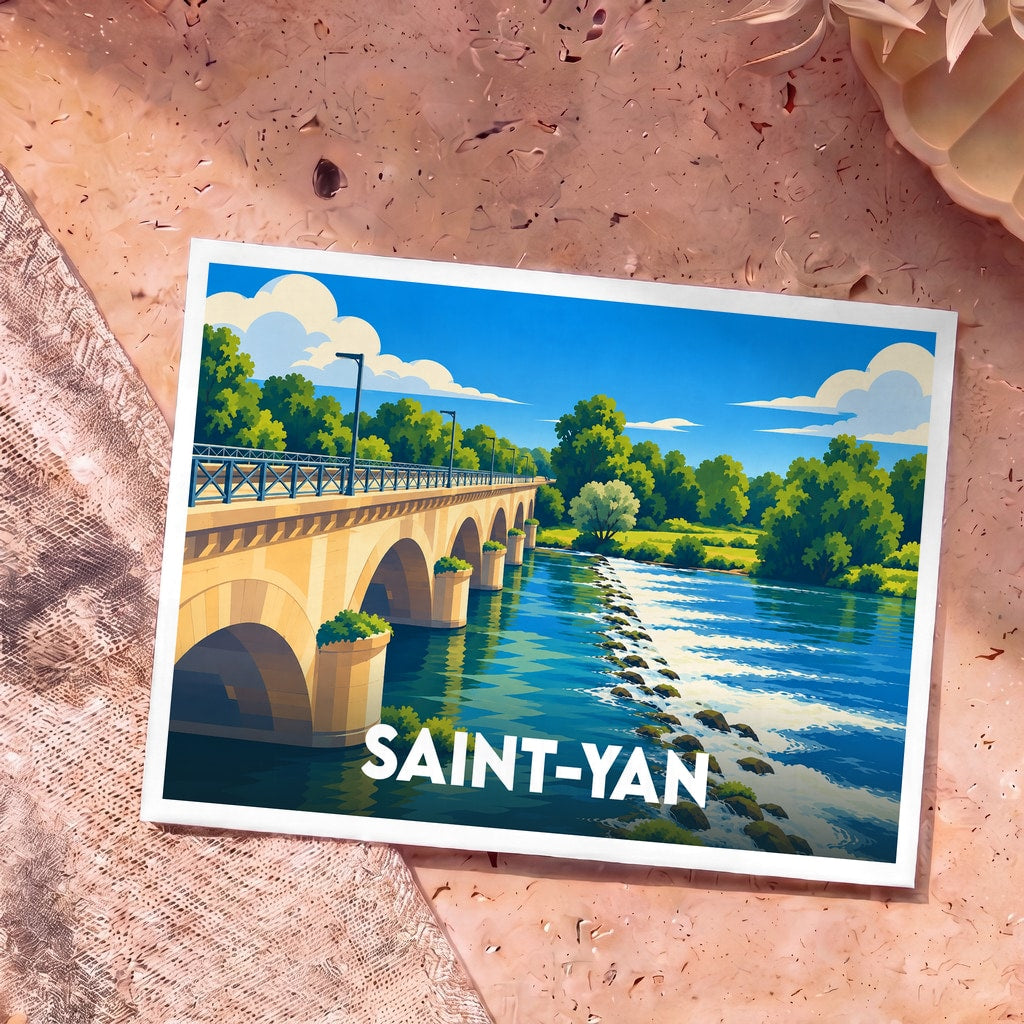 Carte postale souvenir de la ville de Saint-Yan avec une illustration stylisée d'un pont en pierre enjambant une rivière.