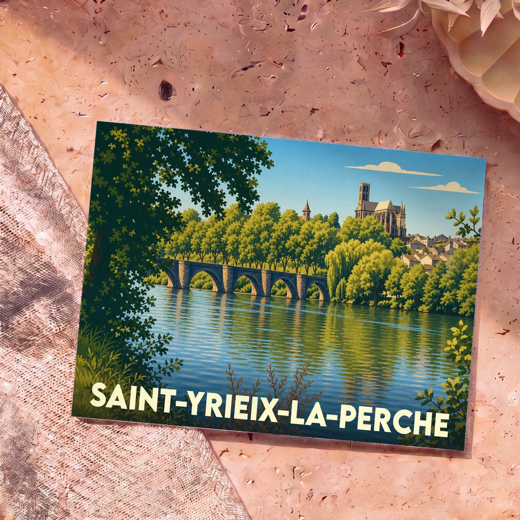 Carte postale souvenir de la ville de Saint-Yrieix-la-Perche avec une illustration stylisée d'un pont et d'une église au bord de l'eau.