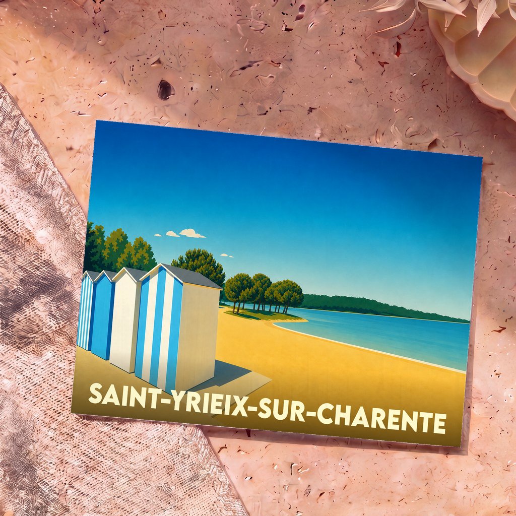 Carte postale souvenir de la ville de Saint-Yrieix-sur-Charente avec une illustration stylisée d'une plage et de cabines de bain.