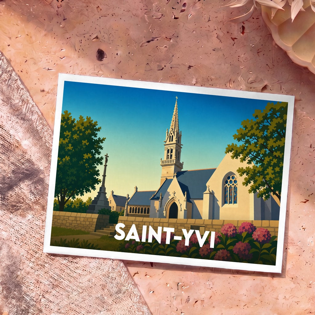 Carte postale souvenir de la ville de Saint-Yvi avec une illustration stylisée de son église et de son calvaire.