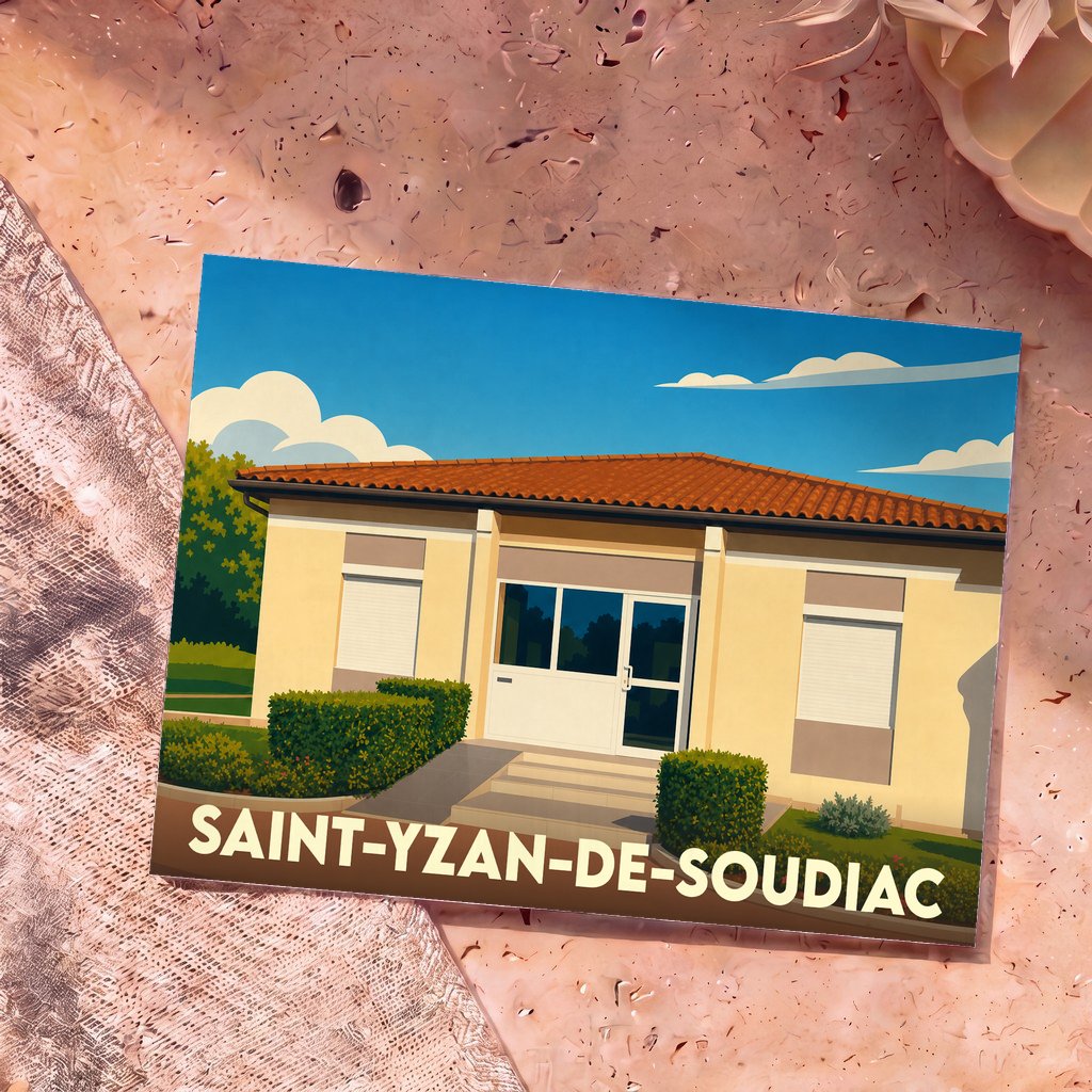 Carte postale souvenir de la ville de Saint-Yzan-de-Soudiac avec une illustration stylisée.