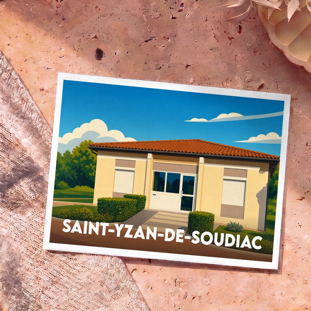 Carte postale souvenir de la ville de Saint-Yzan-de-Soudiac avec une illustration stylisée.