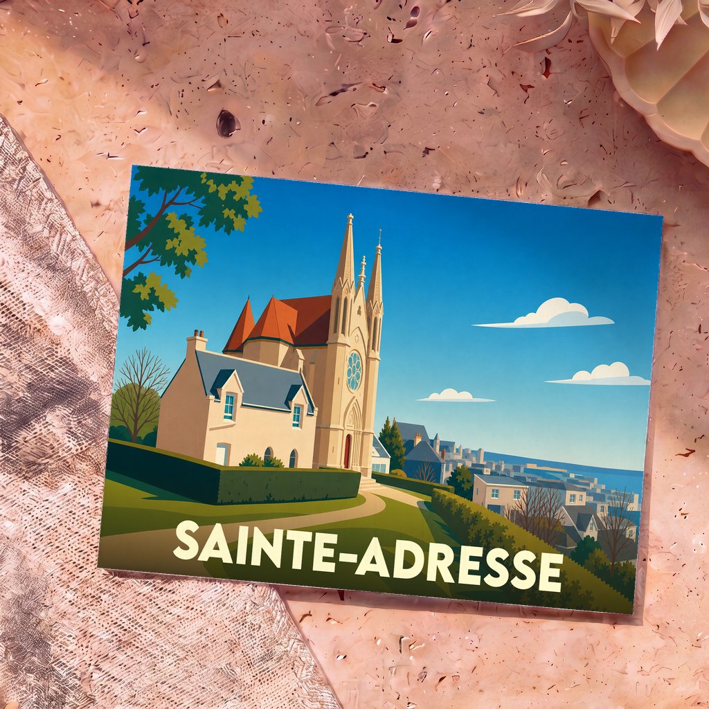 Carte postale souvenir de la ville de Sainte-Adresse avec une illustration stylisée de sa chapelle surplombant la mer.