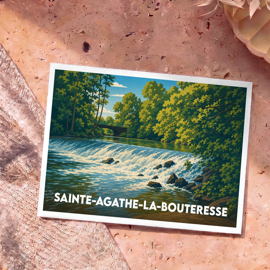 Carte postale souvenir de la ville de Sainte-Agathe-la-Bouteresse illustrant une cascade et un pont dans un style graphique épuré.