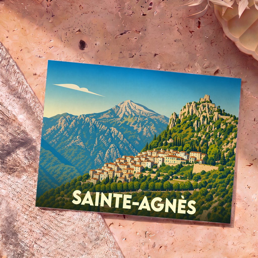 Carte postale souvenir de la ville de Sainte-Agnès avec une illustration stylisée des montagnes et du village perché.