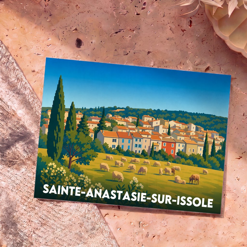 Carte postale souvenir de Sainte-Anastasie-sur-Issole avec une illustration colorée représentant un troupeau de moutons devant le village provençal.