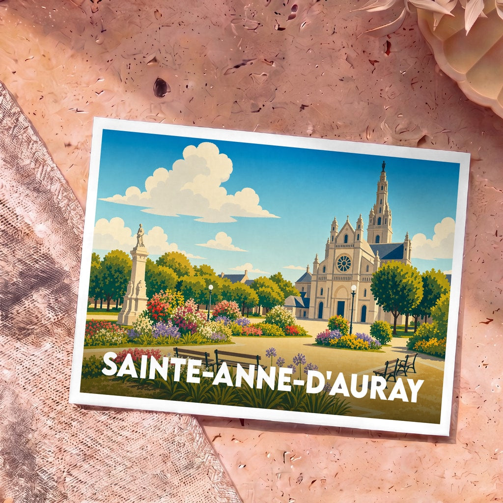 Carte postale souvenir de la ville de Sainte-Anne-d'Auray avec une illustration stylisée de sa basilique et de ses jardins.