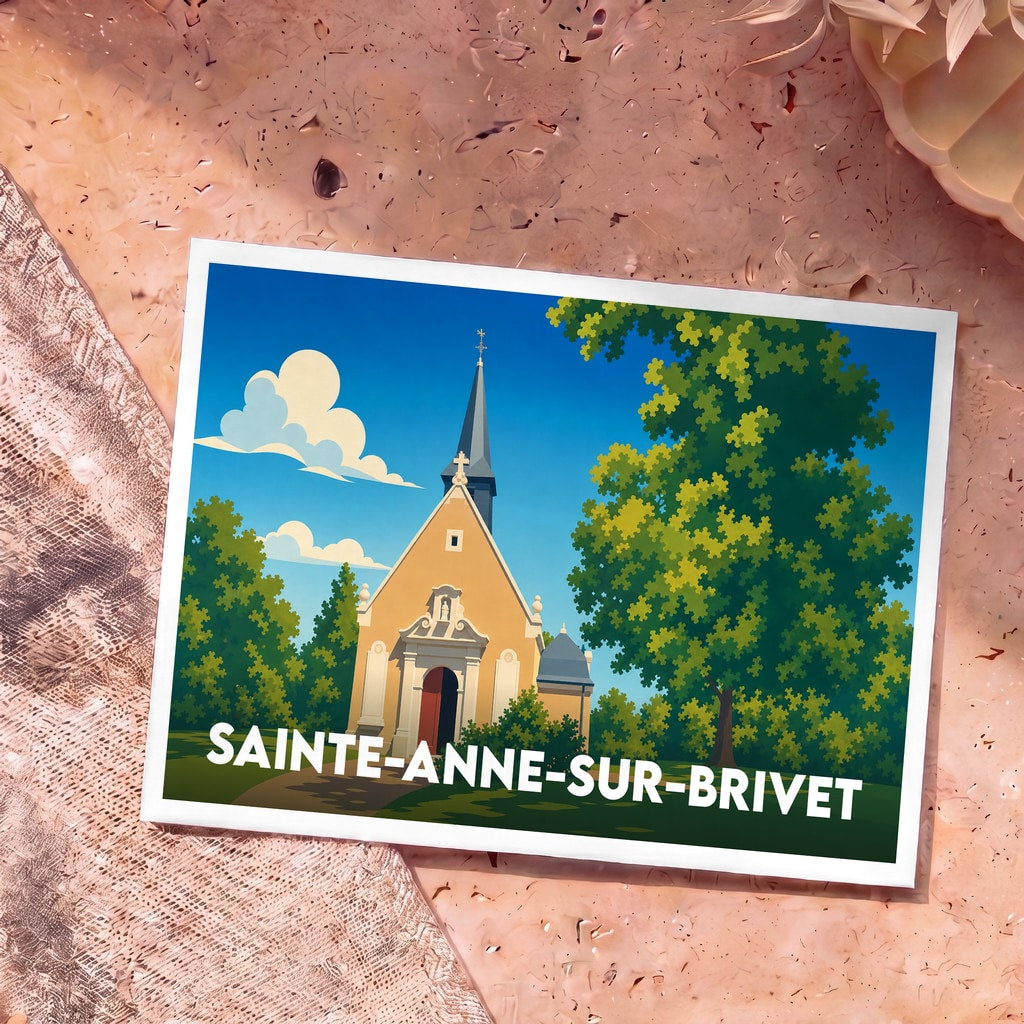 Carte postale souvenir de la ville de Sainte-Anne-sur-Brivet illustrant une église ensoleillée dans un style graphique épuré.