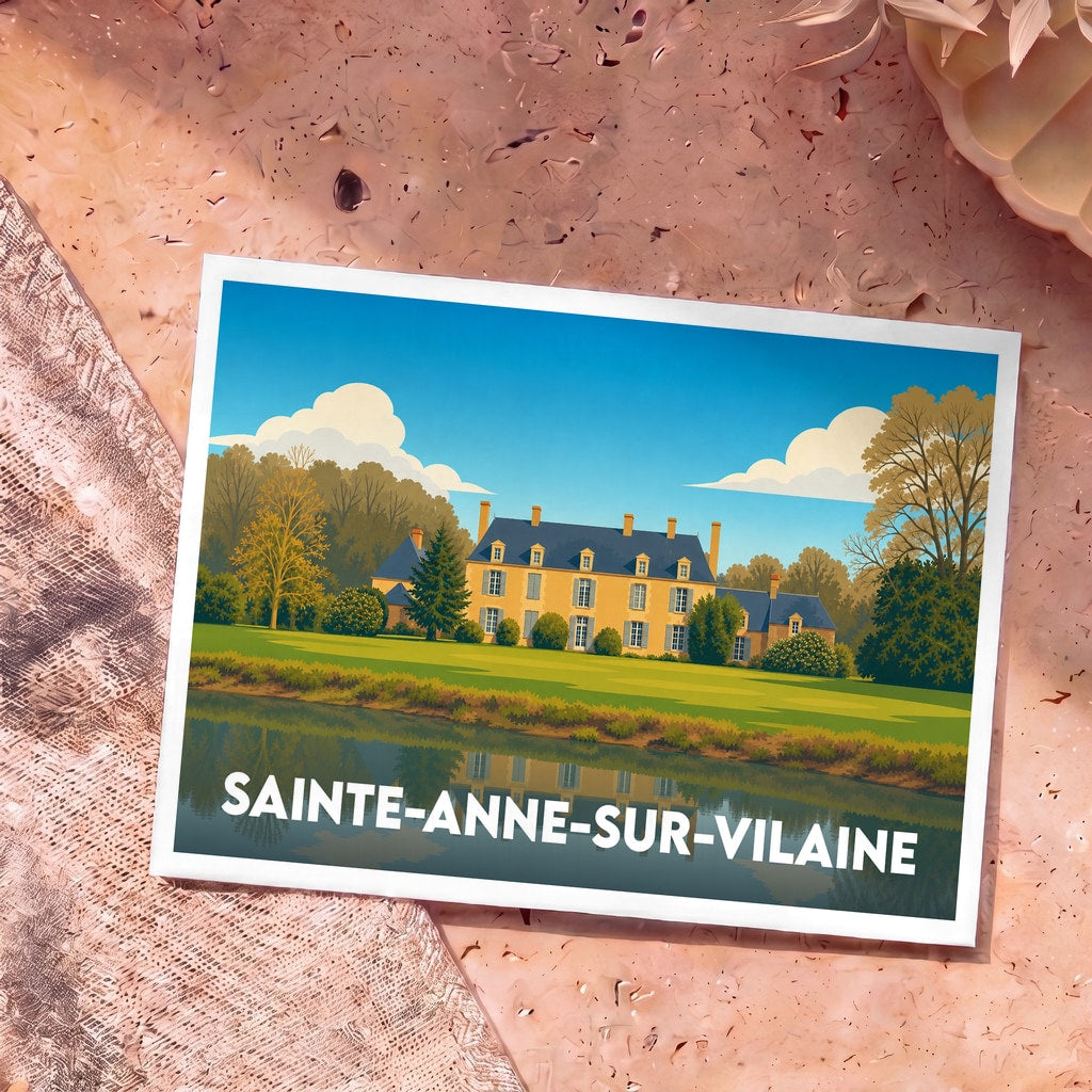 Carte postale souvenir de la ville de Sainte-Anne-sur-Vilaine avec une illustration stylisée d'un manoir au bord de l'eau.