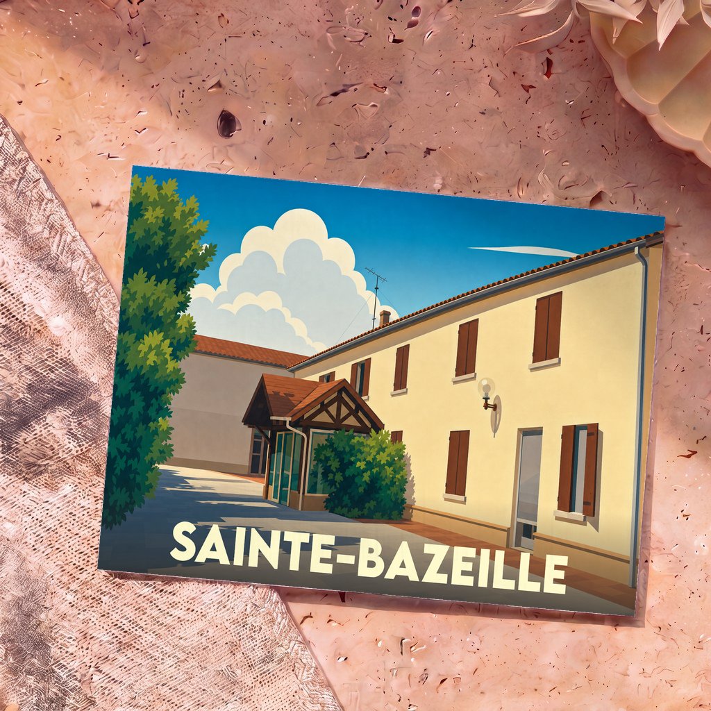 Carte postale souvenir de la ville de Sainte-Bazeille avec une illustration stylisée d'un bâtiment sous un ciel ensoleillé.