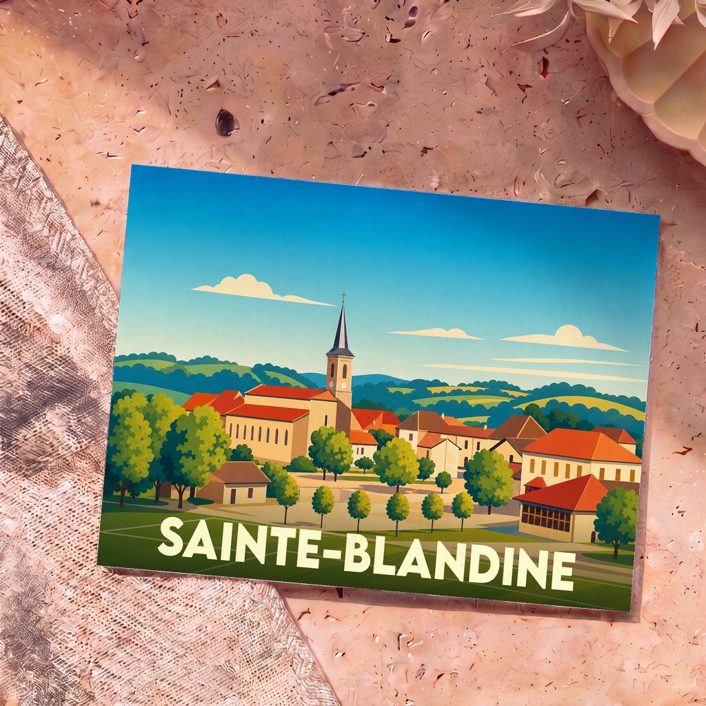 Carte postale souvenir de la ville de Sainte-Blandine avec une illustration stylisée.