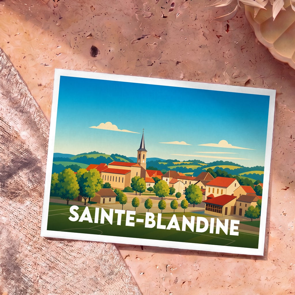 Carte postale souvenir de la ville de Sainte-Blandine avec une illustration stylisée.