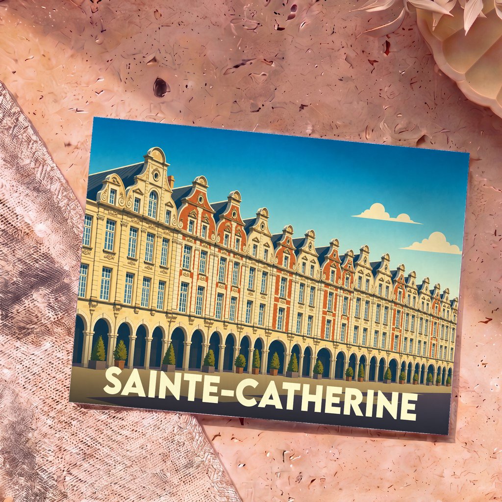 Carte postale souvenir de la ville de Sainte-Catherine avec une illustration stylisée de façades à arcades.