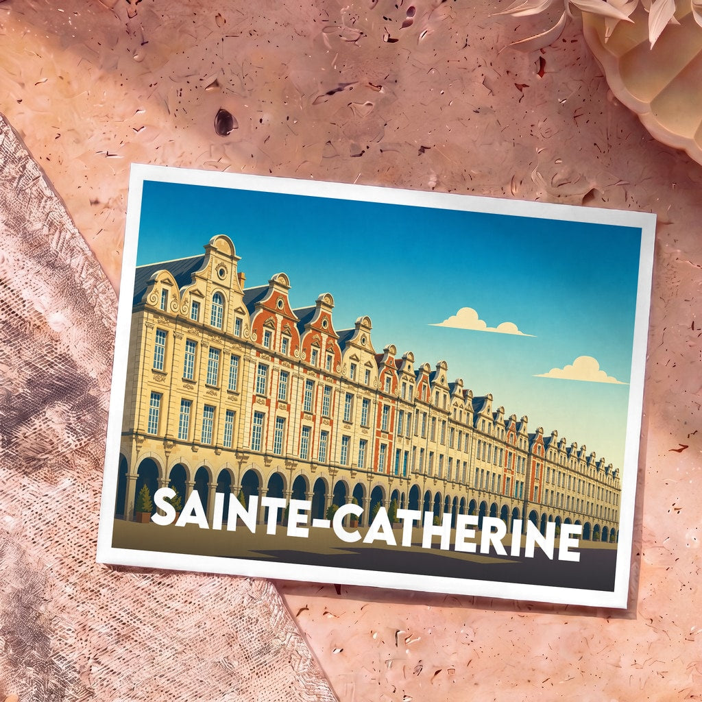 Carte postale souvenir de la ville de Sainte-Catherine avec une illustration stylisée de façades à arcades.