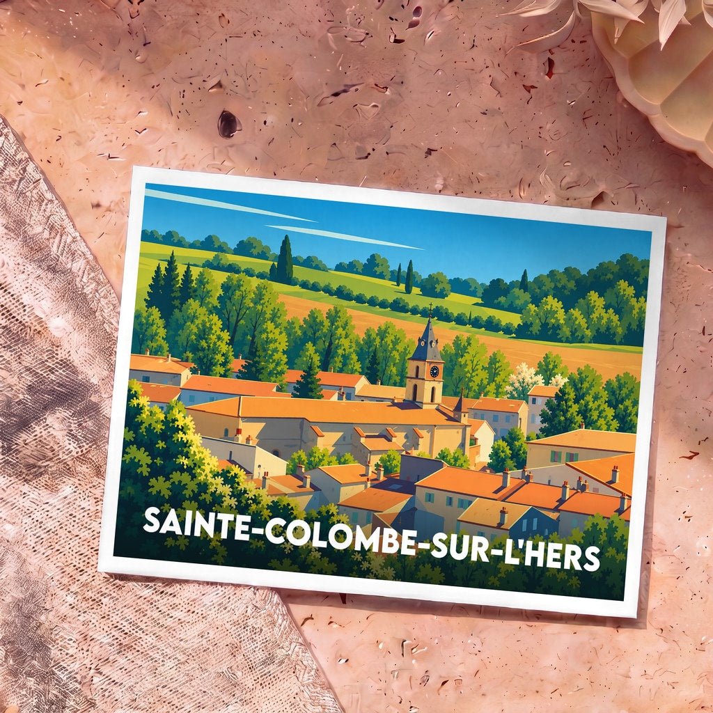 Carte postale souvenir de la ville de Sainte-Colombe-sur-l'Hers avec une illustration stylisée et colorée de ses toits et de son église.