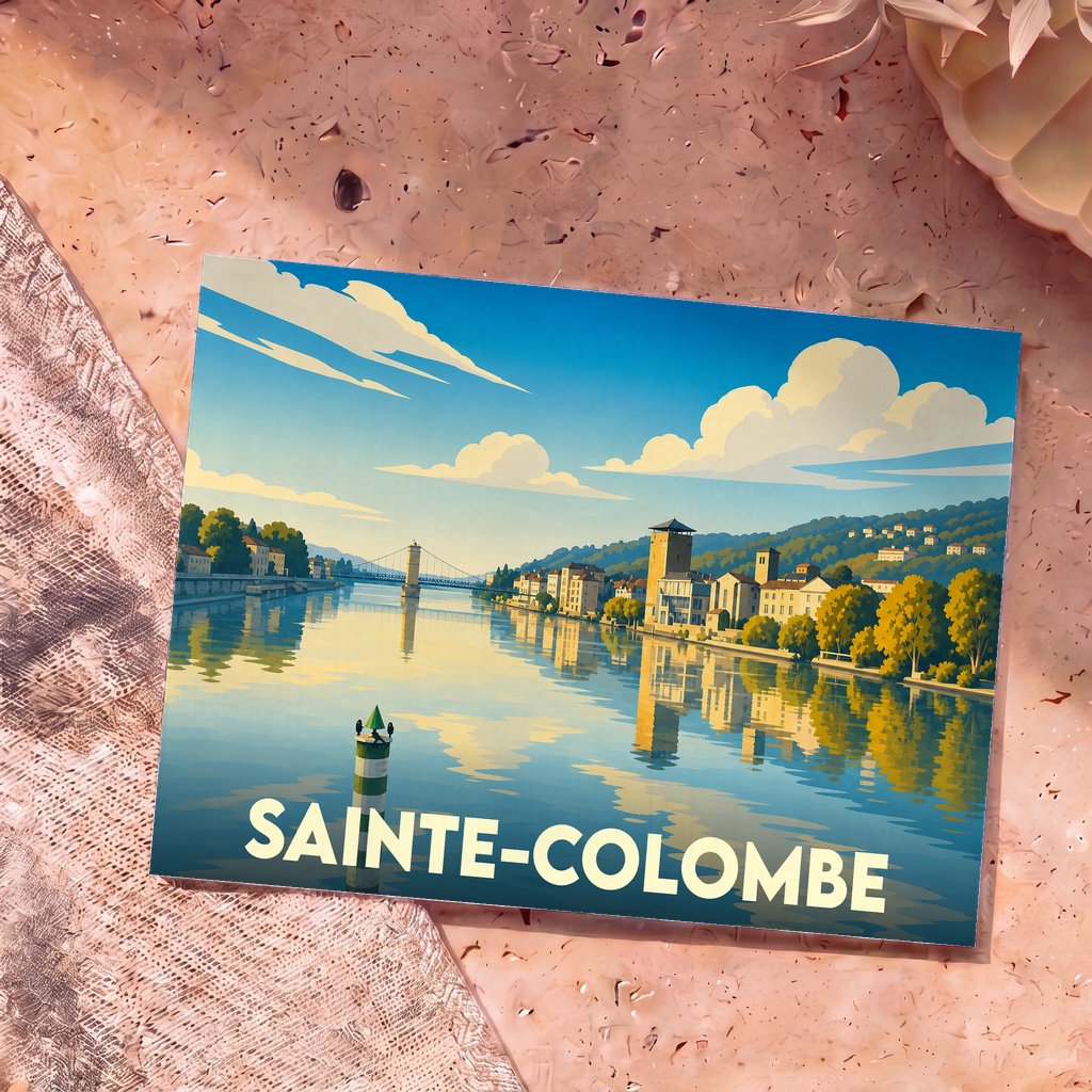 Carte postale souvenir de la ville de Sainte-Colombe avec une illustration stylisée des bords du Rhône.