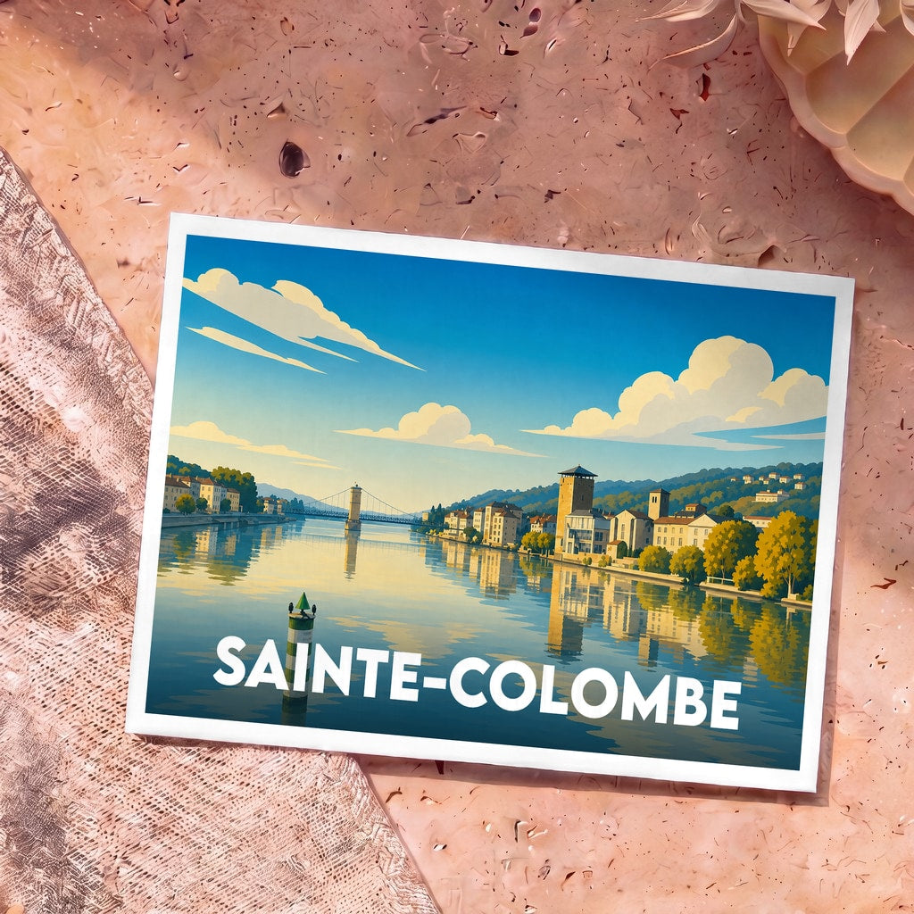 Carte postale souvenir de la ville de Sainte-Colombe avec une illustration stylisée des bords du Rhône.