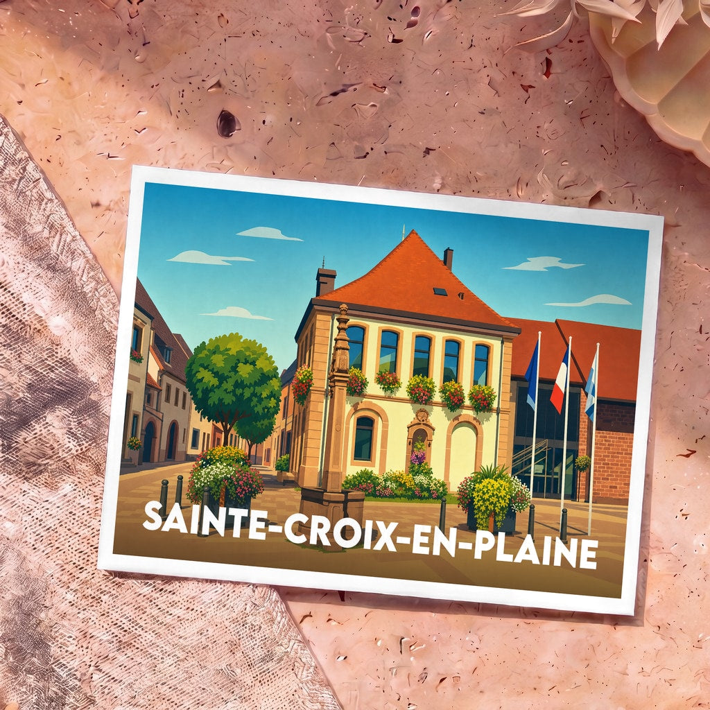Carte postale souvenir de la ville de Sainte-Croix-en-Plaine avec une illustration colorée et stylisée de sa mairie.