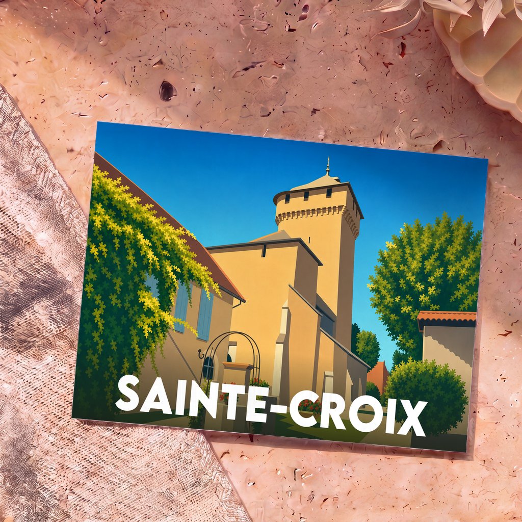 Carte postale souvenir de la ville de Sainte-Croix avec une illustration stylisée d'une église fortifiée sous un ciel bleu.