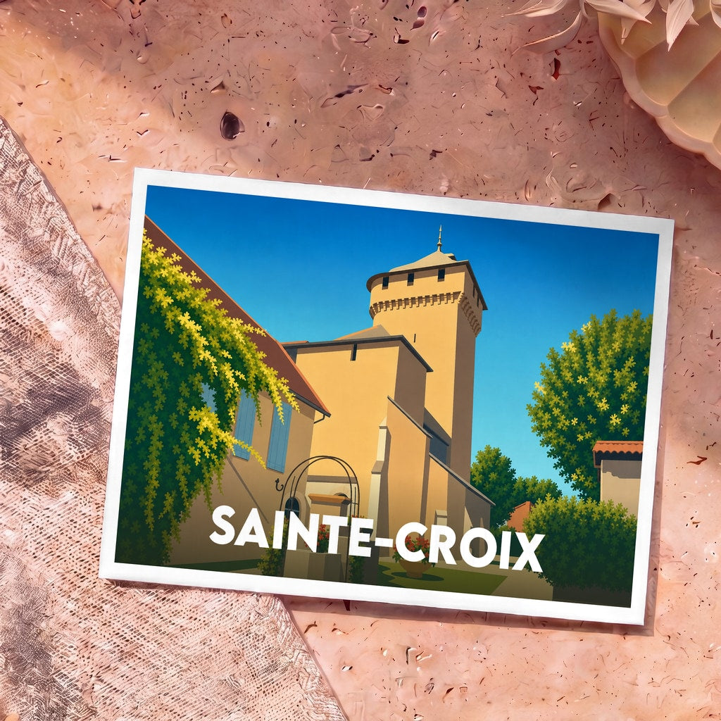 Carte postale souvenir de la ville de Sainte-Croix avec une illustration stylisée d'une église fortifiée sous un ciel bleu.