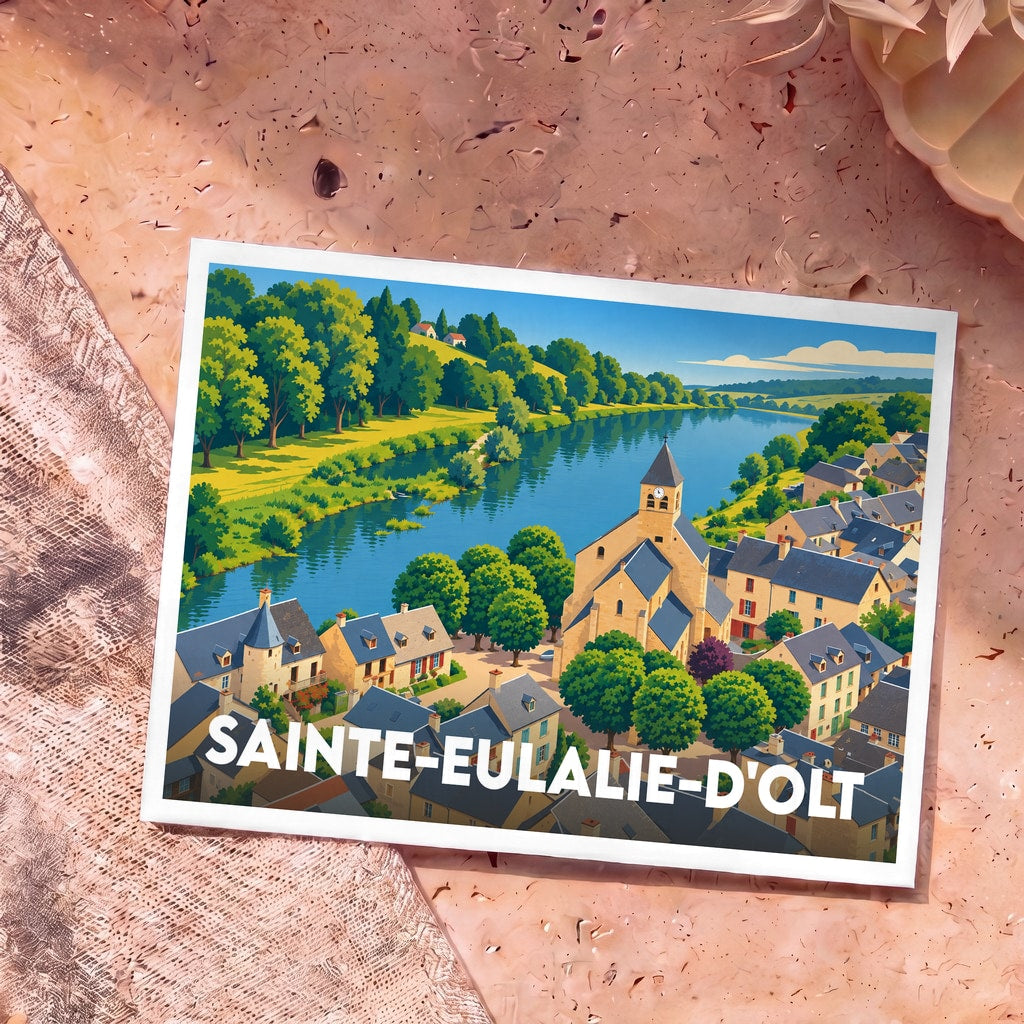 Carte postale souvenir de la ville de Sainte-Eulalie-d'Olt présentant une illustration colorée de l'église et du village au bord du Lot.