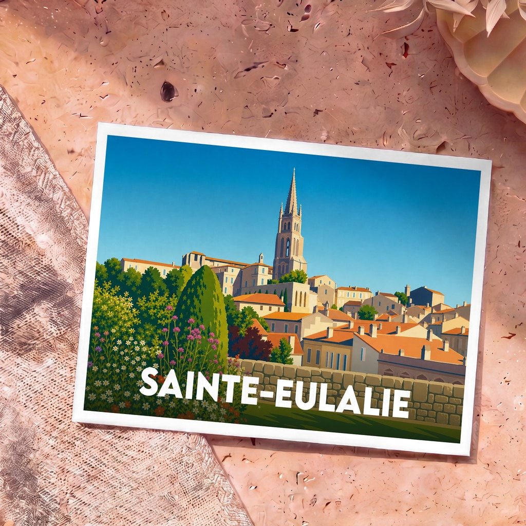 Carte postale souvenir de la ville de Sainte-Eulalie avec une illustration stylisée.