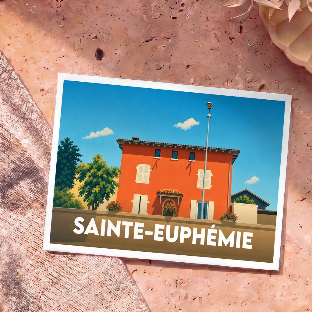 Carte postale souvenir de la ville de Sainte-Euphémie avec une illustration stylisée d'une maison orange sous un ciel bleu.