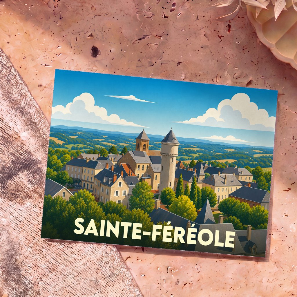 Carte postale souvenir de la ville de Sainte-Féréole avec une illustration stylisée.
