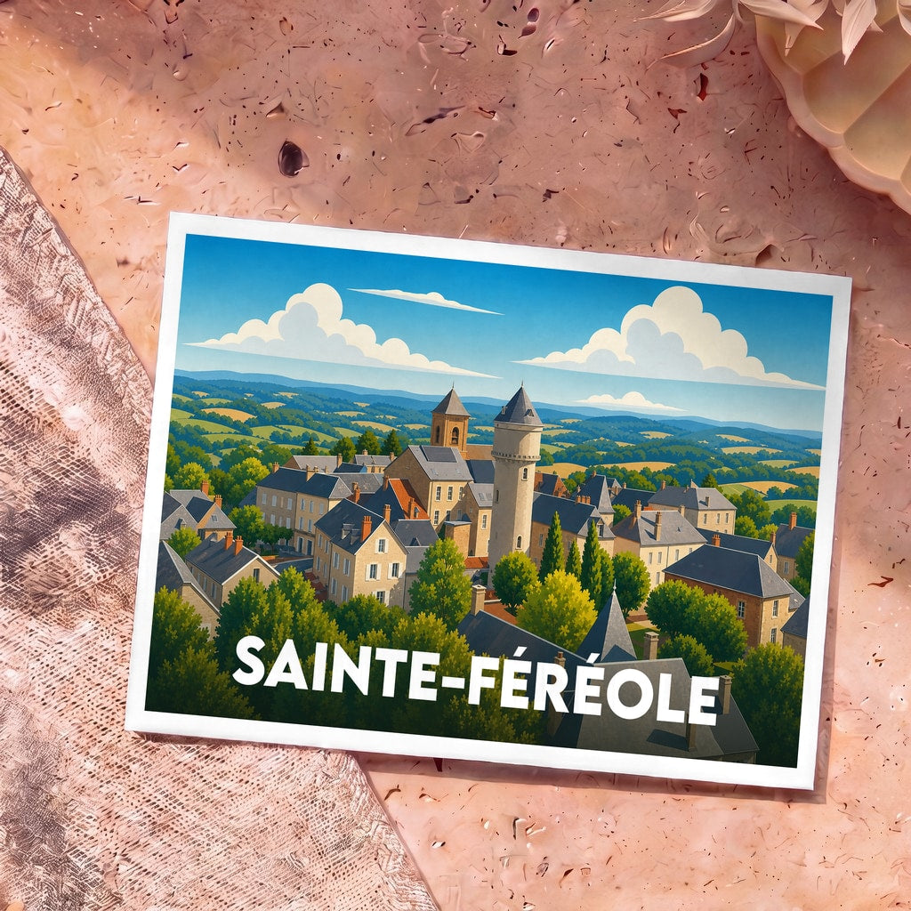 Carte postale souvenir de la ville de Sainte-Féréole avec une illustration stylisée.