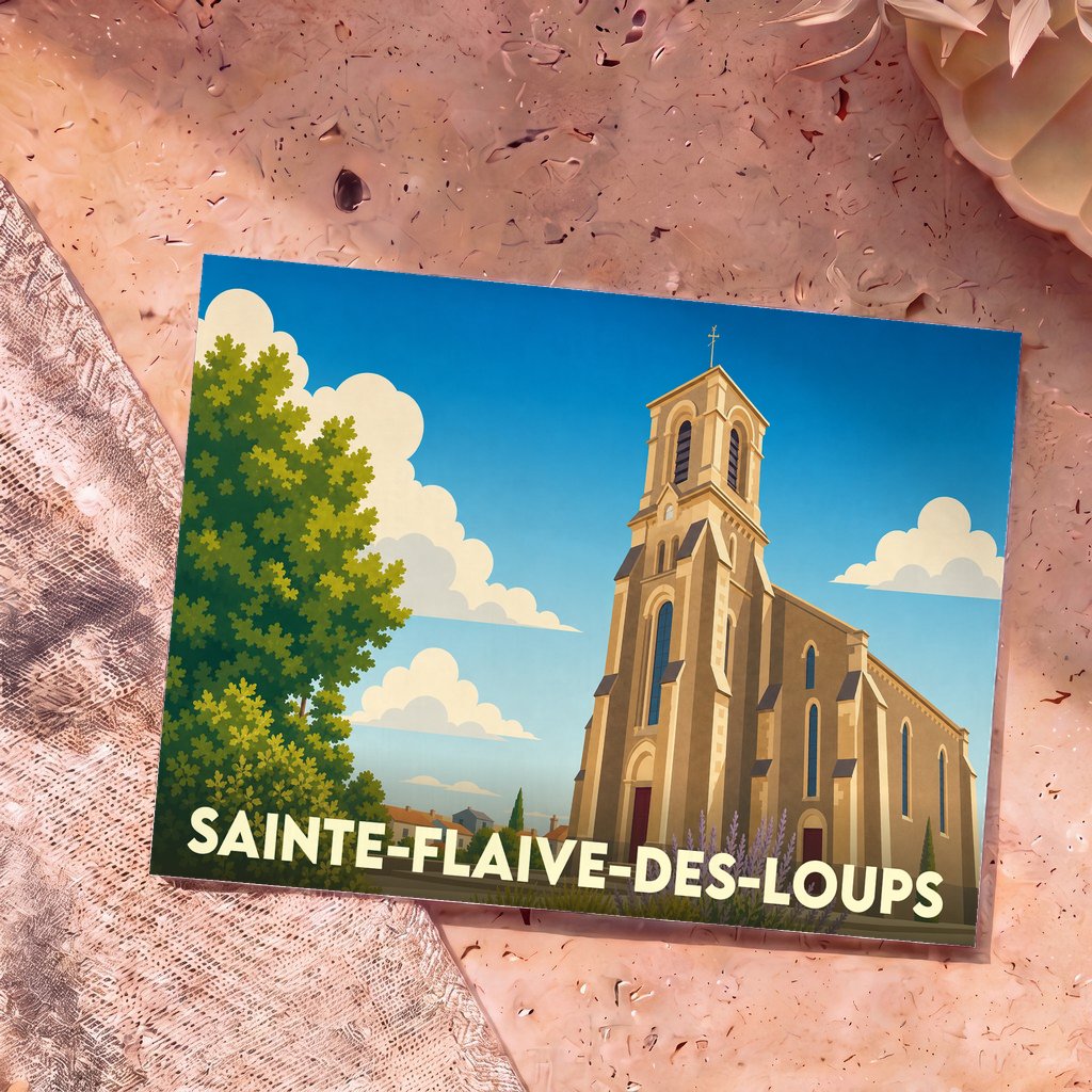 Carte postale souvenir de la ville de Sainte-Flaive-des-Loups avec une illustration stylisée de son église.