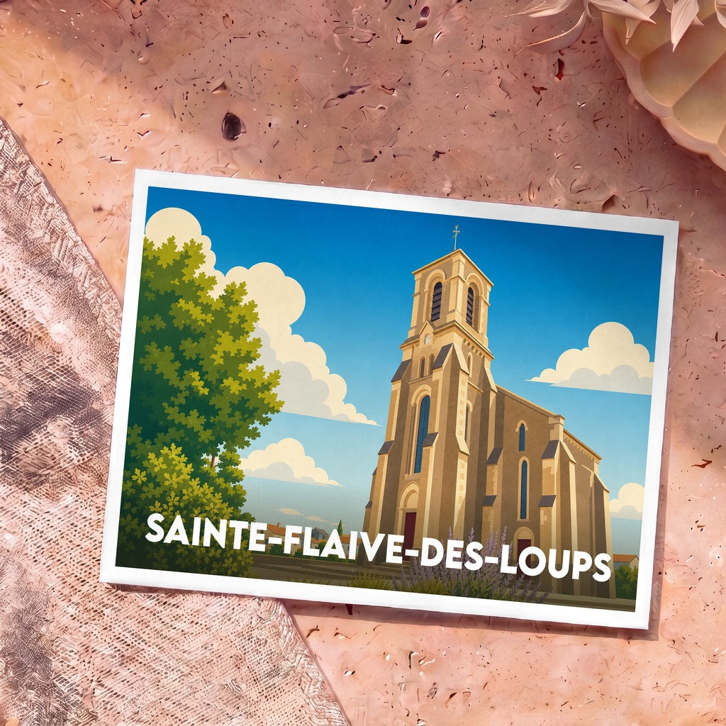 Carte postale souvenir de la ville de Sainte-Flaive-des-Loups avec une illustration stylisée de son église.