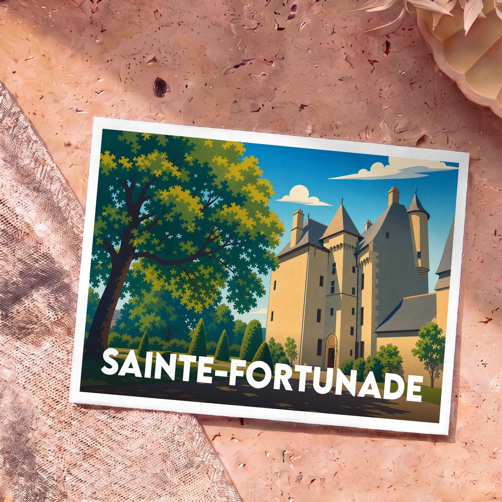 Carte postale souvenir de la ville de Sainte-Fortunade représentant son château dans un style illustré.