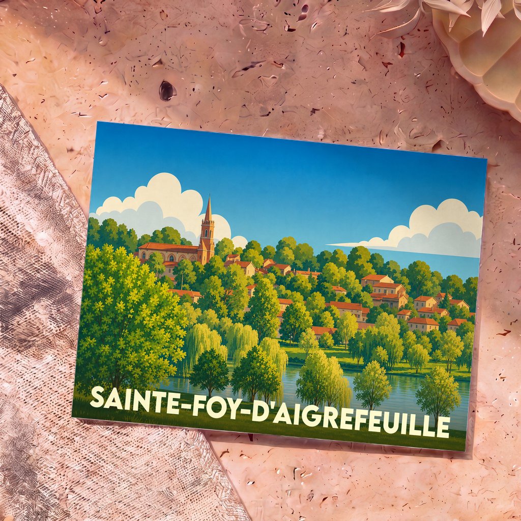 Carte postale souvenir de Sainte-Foy-d'Aigrefeuille avec une illustration stylisée et colorée du village bordé par l'eau.