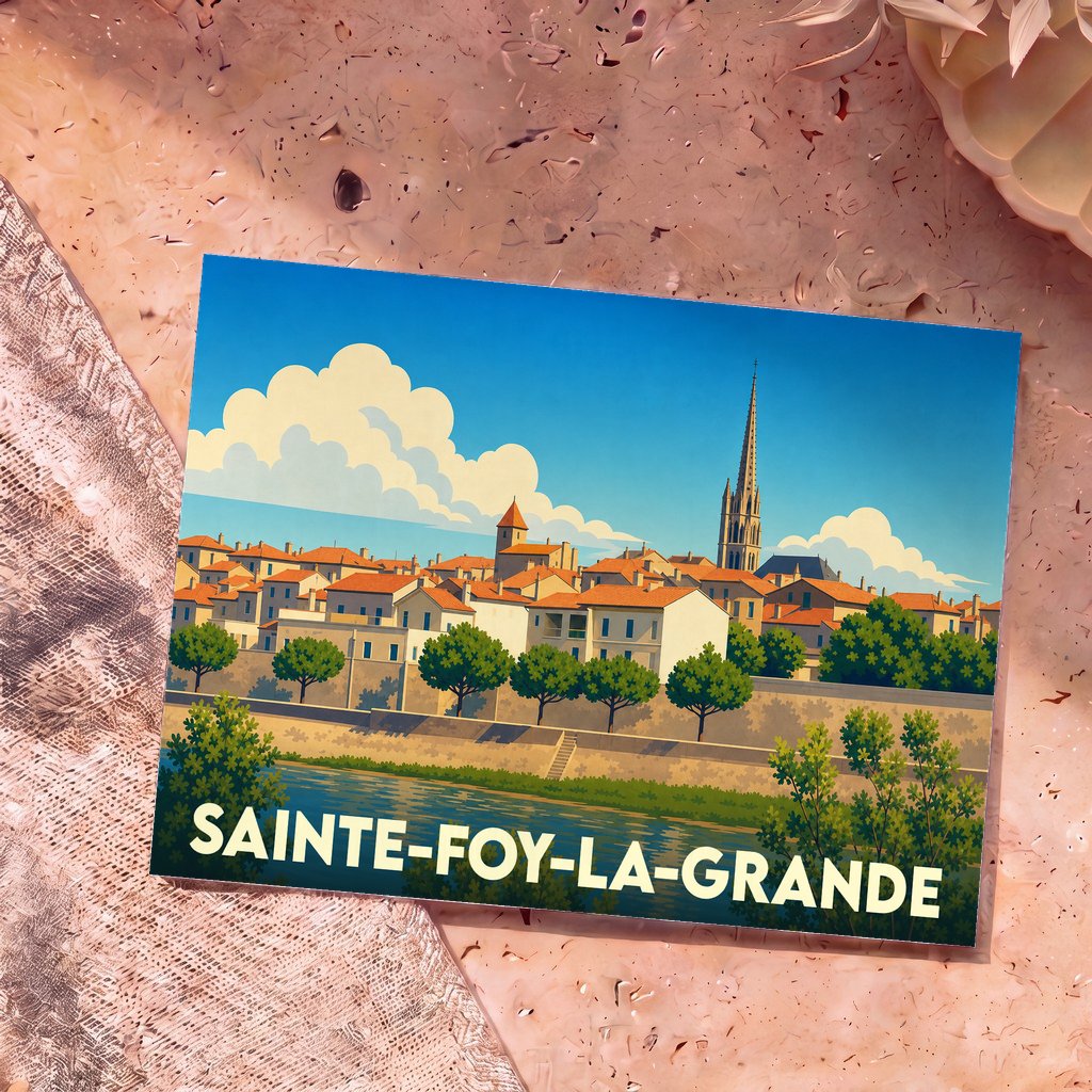 Carte postale souvenir de la ville de Sainte-Foy-la-Grande avec une illustration stylisée des quais et de l'église.
