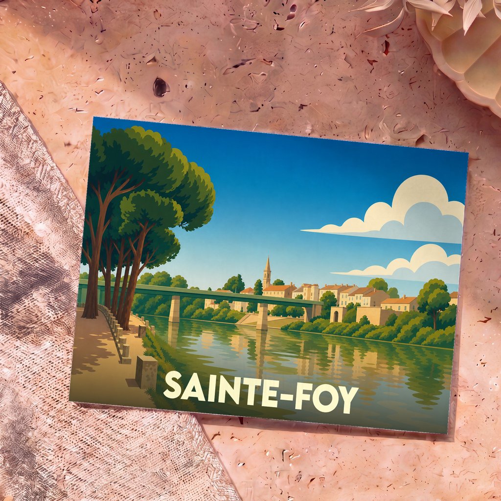 Carte postale souvenir de la ville de Sainte-Foy présentant une illustration stylisée des bords de la Dordogne.