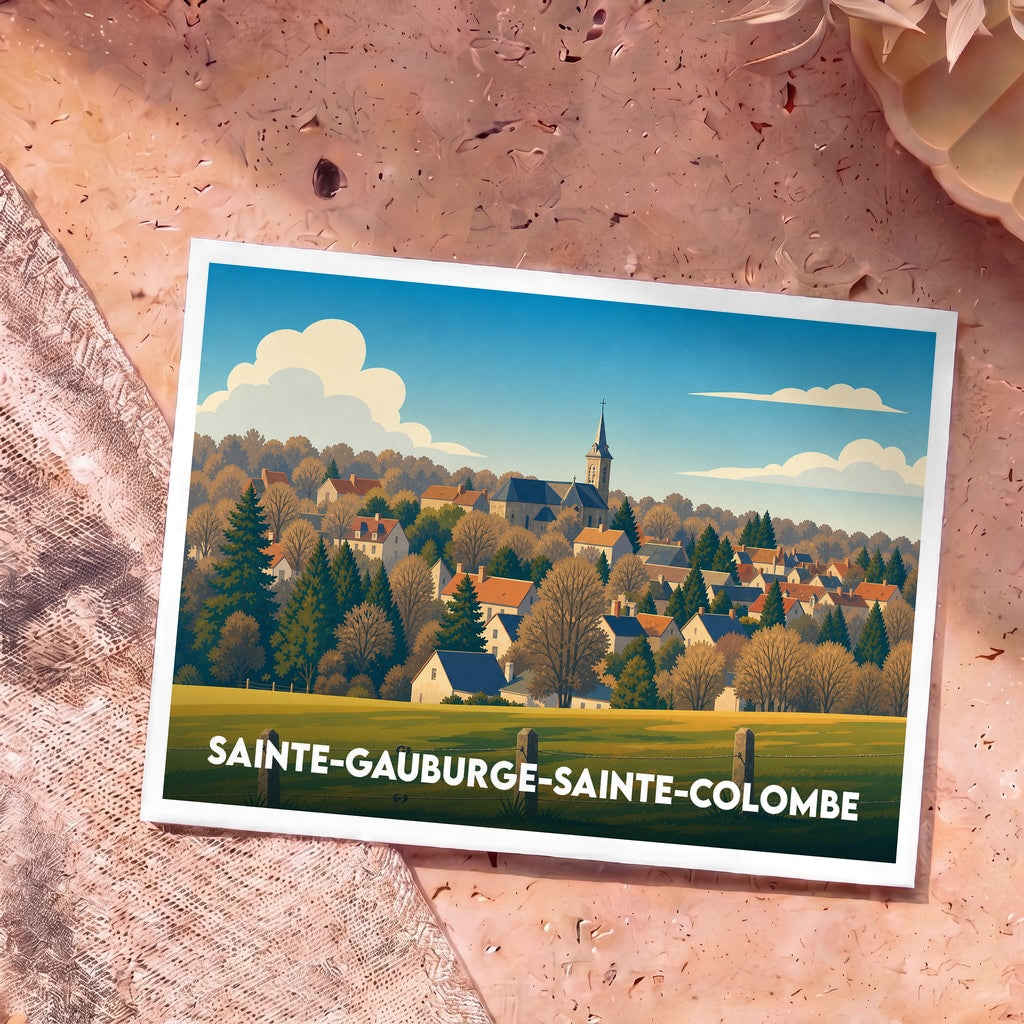 Carte postale souvenir de la ville de Sainte-Gauburge-Sainte-Colombe avec une illustration stylisée d'un village normand.